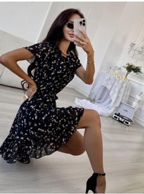 Resim Nadi Bordo Yazlık Volanlı Şifon Elbise 167306198 Siyah 