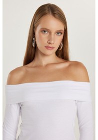 Resim Tudors Kadın Slim Fit Dar Kesim Uzun Kol Kayık Yaka Beyaz Bluz-35305 Beyaz 