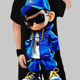 Resim Genç Trendi Siyah 3D Baskılı T-Shirt ve Şort Seti - Şık Karikatür Karakter Tasarımı, Yumuşak Polyester Kumaş, Hafif Esneklik, Bahar/Yaz için Mükemmel, Genç Trendi Kıyafet|Örümcek Grafikleri|Konforlu Kesim, Dış Mekan için 