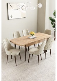 Resim Clara Meşe Desen 80x132 Açılabilir Mdf Masa Yemek Odası Takımı,mutfak Takımı 6 Adet Sandalye Krem 
