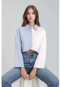 Resim Mamayaga Kadın Özel Tasarım Asimetrik Kesim Düğmeli Çizgi Garnili Crop Boy Gömlek Mavi 