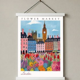 Resim London Flower Market Print - Big Ben Cityscape British Botanical Art - With Hanger - White / 16 x 20" (40x50 cm) 