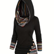 Resim Kadın Modası Kapüşonlu Sweatshirt, Uzun Kollu Çizgili Yama Örgü, Sahte Düğmeler, Polyester %95 Spandeks %5, Sonbahar/Kış Mevsimi, 180g/m² Kumaş Ağırlığı 