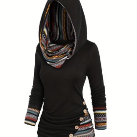 Resim Kadın Modası Kapüşonlu Sweatshirt, Uzun Kollu Çizgili Yama Örgü, Sahte Düğmeler, Polyester %95 Spandeks %5, Sonbahar/Kış Mevsimi, 180g/m² Kumaş Ağırlığı 