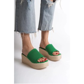 Resim Marla Dolgu Topuklu Ortopedik Taban Hasır Görünümlü Triko Kadın Terlik Tkt - Yeşil Yeşil 