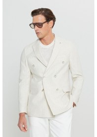 Resim AC&Co / Altınyıldız Classics Erkek Bej Pamuklu Keten Slim Fit Dar Kesim Kırlangıç Yaka Çizgili Kruvaze Blazer Ceket Bej 