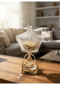 Resim Elta Collection Ultra Lüks Kristal Kapaklı Salata Kasesi Şekerlik Gold Detaylı Büyük Kristal Kase Gold 