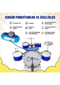 Resim Mikrofonlu Işıklı Sesli Bateri Seti - Piyanolu Tabureli & Bagetli Eğitici Çocuk Bateri Takımı - Mavi 