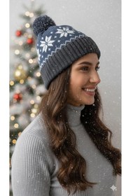 Resim STELLA VESTİNO Ponponlu Yılbaşı Bere Kar Tanesi Desenli Triko Bere | Unisex Kadın - Erkek Örgü Kışlık Bere 
