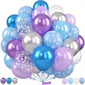 Resim 56 parça Frozen Balon Seti, 25.4cm Mavi ve Mor Metalik Gümüş Mavisi Balon ile 30.48cm Frozen Baskılı Kar Tanesi Konfeti Balonu, Kadınlar için Buz ve Kış Temalı Doğum Günü Partisi Süslemeleri 