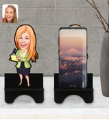 Resim Bk Gift Kişiye Özel Kadın Asistan Karikatürlü Ahşap Biblo Telefon Standı-2 