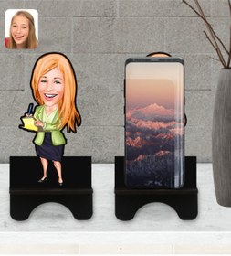 Resim Bk Gift Kişiye Özel Kadın Asistan Karikatürlü Ahşap Biblo Telefon Standı-2 