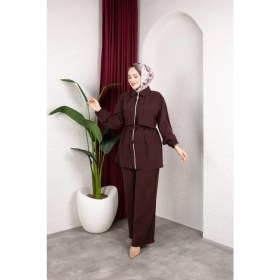 Resim Weak Blue Kadın Tesettür Takım Çift Kat Görünümlü Fermuarlı Tunik Bol Paça Pantolon Moda Kumaş Ikili Takım 