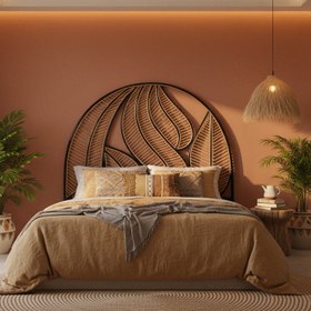 Resim Siyah Yaprak Doğal Rattan Yatak Başlığı 180x170 cm 