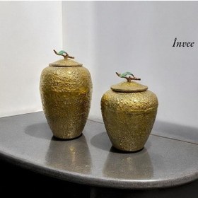Resim 40 Cm Döküm Aliminyum Gold Eskitme Kapaklı Vazo 