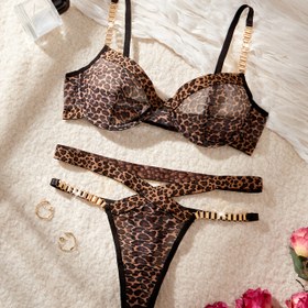 Resim Leopar Desenli Metal Zincir Kadın İç Çamaşırı Seti - Seksi Sütyen ve Külot İki Parça 