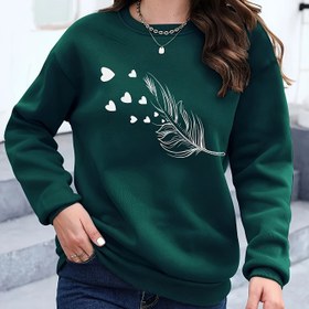 Resim Kadınlar İçin Koyu Yeşil & Kalp Desenli Yuvarlak Yaka Sweatshirt - Orta Doğu Tarzı Şık Kazak, Makinede Yıkanabilir Sonbahar-Kış Modası Üstü, Mevsimlik Giysi, Rahat Dokulu Kazak, Şık Kapüşonlu Süveter, Sonbahar Gardırop 
