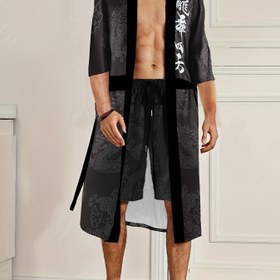 Resim Erkek Ejderha Dansı Dört Yönlü Ejderha Baskılı Pelerin ve Şort Seti 