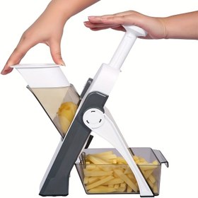 Resim Katınlığı Ayarlanabilir Manuel Patates ve Sebze Dilimleyici - Düzgün Dilimler için Ergonomik Mutfak Aracı, Elektriksiz, Dayanıklı Polipropilen, Gri, Pratik Mutfak Aleti | Verimli Dilimleyici | Sebzeleri Doğrama ve Kıyıma Aracı 