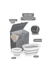 Resim 2 Gözlü Çamaşır Sepeti Çok Amaçlı Hurç Gri 53x33x60cm-25lt Katlanır Çamaşır Selesi 6lt Kova 3'lü Set Gri 