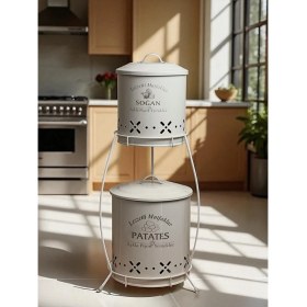 Resim Özbience Çift Katlı Metal Sebze Sepeti, Krem Renk, Patates ve Soğanlık Organizer 