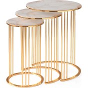 Resim Evistro Yuvarlak Cam Zigon Sehpa 3 Lü Gold Kaplama Mermer Desen Cam 