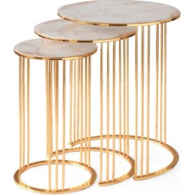 Resim Evistro Yuvarlak Cam Zigon Sehpa 3 Lü Gold Kaplama Mermer Desen Cam 