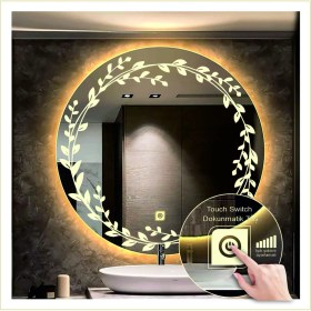 Resim Dnr-MirrorDnr-Mirror 80 cm Günışığı Ledli Tasarım Kumlamalı Dokunmatik Tuşlu Banyo Aynası Makyaj Aynası Işıklı Ayna 