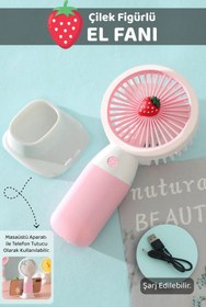Resim Meleni Home Çilek Figürlü Şarjlı El Fanı - Standlı Taşınabilir Şarj Edilebilir Soğutucu Mini Masa Fanı Pembe 