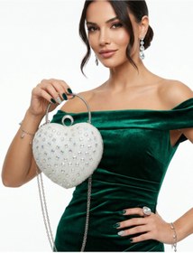 Resim Çanta Trend Kadın Taşlı El ve Uzun Zincir Askılı Kalpli Model Abiye Çanta ( Düğün Nişan Nikah Balo Mezuniyet ) 