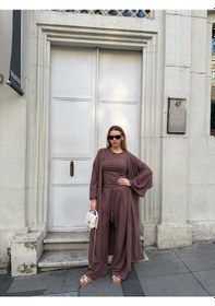 Resim Bonacosa Kadın Viskon 3 Lü Takım Kimono + Beli Lastikli Salaş Pantolon + Sıfır Kol Kolsuz 8 Renk Kahverengi 