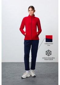 Resim Tommy Life Kırmızı-lacivert Kalın Yumuşak Dokulu Dik Yaka Oversize Nakışlı Polar Kadın Eşofman Takım -95339 Kırmızı - Lacivert 