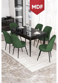Resim Canisa Kor Serisi, Siyah Mermer Desen MDF 70x114 Açılabilir Yemek Masası Takımı, 6 Sandalye Masa Siyah Mermer Desen Sandalye Haki 