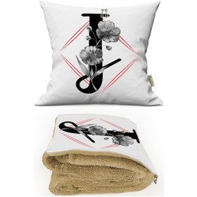 Resim J HARFİ Baskılı Kişiye Özel Opsiyonel Battaniyeli Yastık Kırlent 2 in 1 