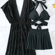 Resim Siyah Üç Parça Bikini Seti, Push-Up Sütyen, Yüksek Bel Şort ve Ruched Tasarım - Esnek Polyester Karışımı, Plaj veya Havuz Kenarı için Mükemmel, Plaj Mayo | Ruched Dokulu | Yüksek Bel Şort 