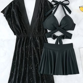 Resim Siyah Üç Parça Bikini Seti, Push-Up Sütyen, Yüksek Bel Şort ve Ruched Tasarım - Esnek Polyester Karışımı, Plaj veya Havuz Kenarı için Mükemmel, Plaj Mayo | Ruched Dokulu | Yüksek Bel Şort 