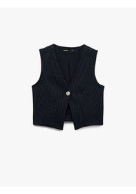 Resim Koton Slim Fit V Yaka Metal Düğmeli Asimetrik Kesim Yelek Lacivert Çizgili 6wak30049ek Lacivert Çizgili 