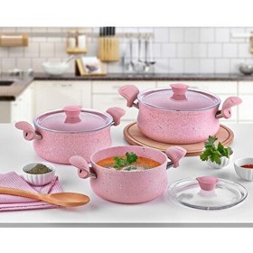 Resim OMS 3027 6 Parça Biogranit Ergonomik Güveç Seti Pembe Gövde - Pembe Detay 