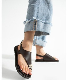 Resim Clara Kadın Altın Tokalı Kahverengi Düz Sandalet Kahverengi 