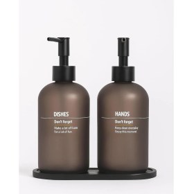 Resim Bulaşık Deterjanlık ve Sabunluk Seti Bambu Tepsili Şık Ikili Set Siyah Beyaz Modern Tasarım Kompozit Malzemeli Mutfak Tezgah Üstü Organizer (Gri) 