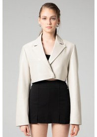 Resim Dericlub Wm034 Gerçek Deri Crop Blazer Kadın Ceket-Bej 