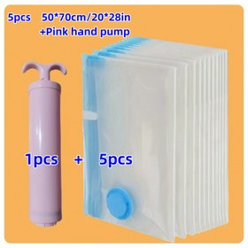 Resim 5 adet 70*50Cm/28*20In + 1 adet Pembe El Pompası Vakum Sıkıştırma Çantası Depolama Çantası Kombinasyon Seyahat Küçük Boyut Büyük Kamp İyi Yardımcı Alan Tasarrufu Anti-Nem ve Böcek Koruması 