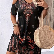 Resim Plus Beden, Plus Beden Çiçekli V-Yaka Elbise, Yazlık Şık Kadınlar için Hafif Polyester Pürüzsüz Dokulu, Tatil ve Günlük Kullanım İçin Uygun 