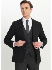 Resim AC&Co / Altınyıldız Classics Erkek Siyah Antrasit Slim Fit Dar Kesim Mono Yaka Balıksırtı Desenli Kapak Cepli Yelekli Takım Elbise Siyah Antrasit Siyah 