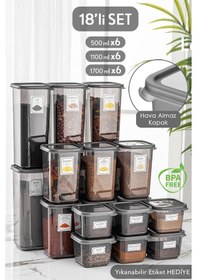 Resim Meleni Home 18'li Set Kapaklı Kare Erzak Saklama Kabı Antrasit 6x 0,50 Lt-1,10 Lt -1,70 Lt Etiketli Baharatlık 