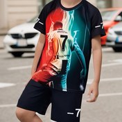 Resim 2 adet Yazlık Erkek Çocuk 7 Beden Futbol Karakterli 3D Baskılı Kısa Kollu Tişört ve Şort Takımı, Dış Mekan İçin Mükemmel 