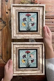 Resim Oscar Stone Decor Çerçeveli Taş Duvar Dekoru Tablo 20x20cm 2'li Set Ebruli Çiçek 