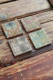 Resim Oscar Stone Decor Baskılı Doğaltaş Bardak Altlığı 4'Lü Set Desen Tile 4Dsn-356 