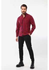 Resim Marisso Erkek Kare Desenli Uzun Kol %100 Pamuk Gömlek 019ync Kırmızı 