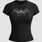 Resim Kadınlar İçin Örümcek Desenli Yoga Tişörtü - Yuvarlak Yaka ve Kısa Kollu, Hızlı Kuruyan Esnek Spor Üstü - Koşu, Gym, Günlük Giyim için Siyah/Beyaz Atletik Tişört, Nefes Alabilen Kumaş, Fitness Aksesuarları, Fitness Tutkunlarına Özel 
